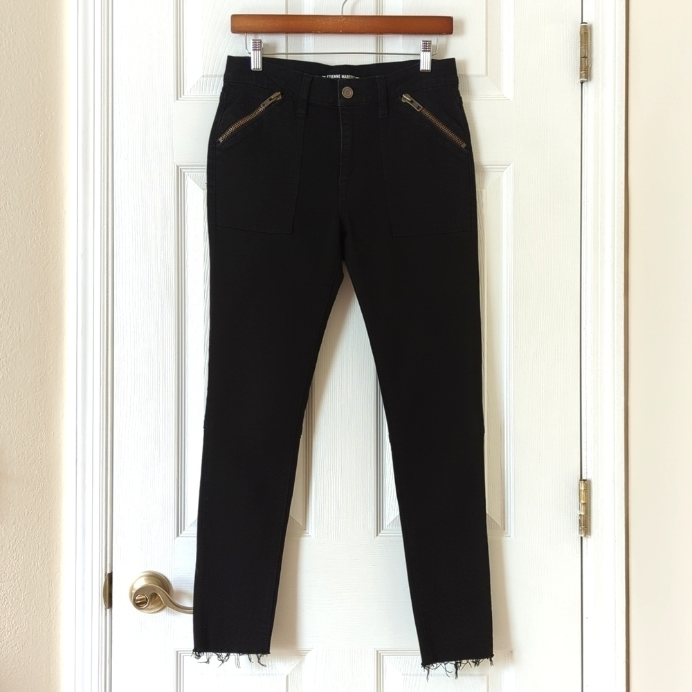 Etienne Marcel High Rise Zip Pocket Ankle Cropped Raw Hem Skinny Jeans Black 28